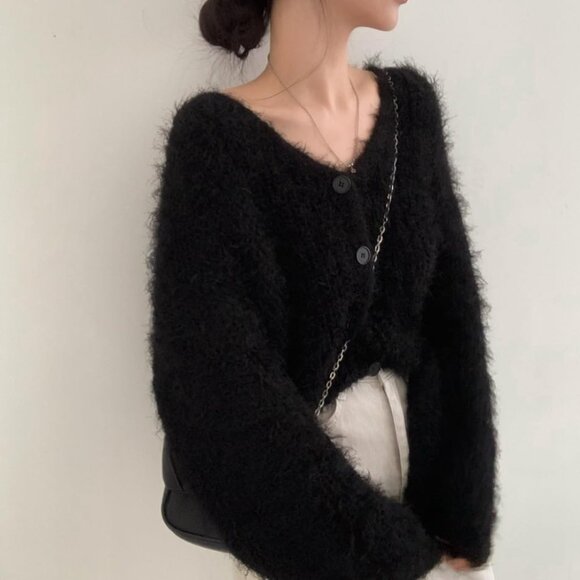 Women’s Faux Fur Mohair Cardigan Oversized Cropped Open Front Sweater - Picture 3 of 7